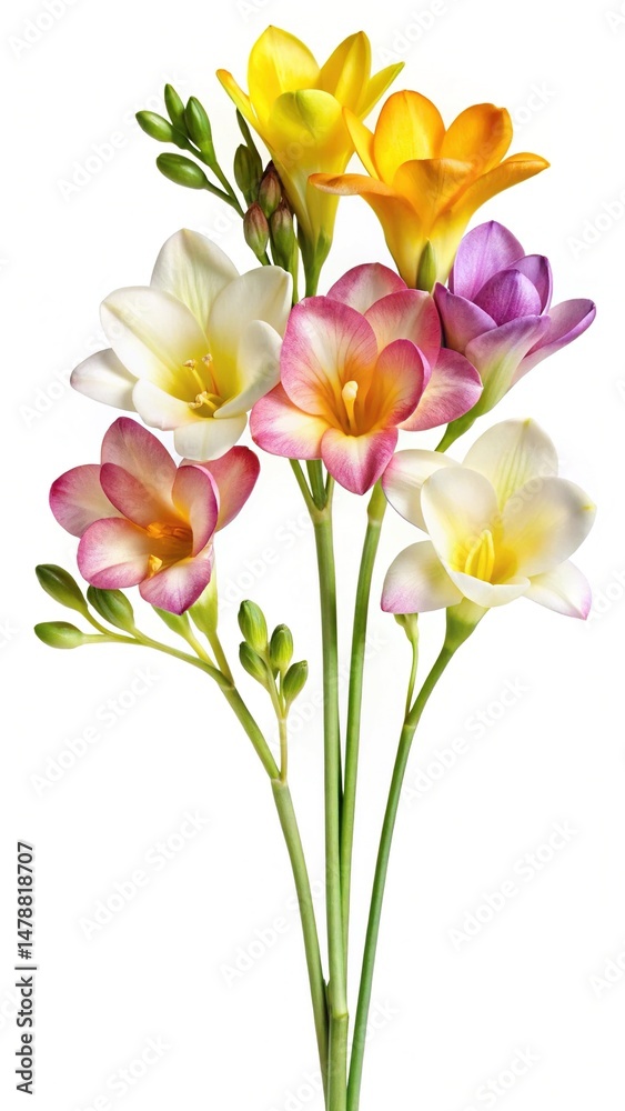 Fototapeta premium A beautiful and vibrant bouquet of colorful freesia flowers against white background