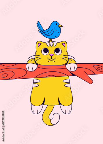 Yellow cat hanging onto a red tree branch, looking up with wide eyes as a blue bird perches calmly on its head cartoon vector illustration hand drawn for children's books, stickers