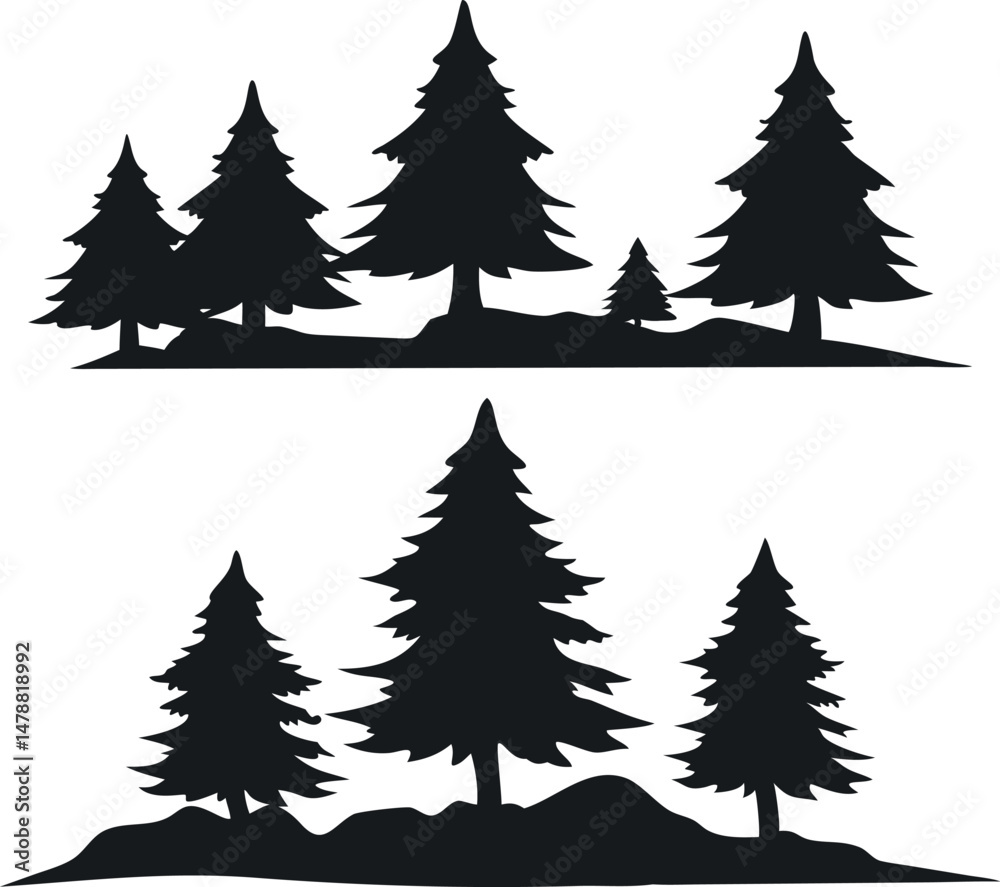 Obraz premium Evergreen Tree Silhouettes – Minimalist Black and White Pine Forest Digital Landscape
