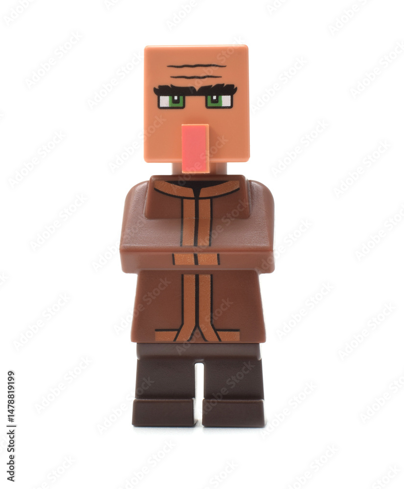 Fototapeta premium Editorial illustrative image of lego minecraft movie minifigure of farmer isolated on white
