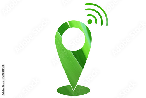 Bright green navigation icon with wireless signal symbol. Stylized map marker with tech theme. Ideal for apps, connectivity, location services, technology marketing.