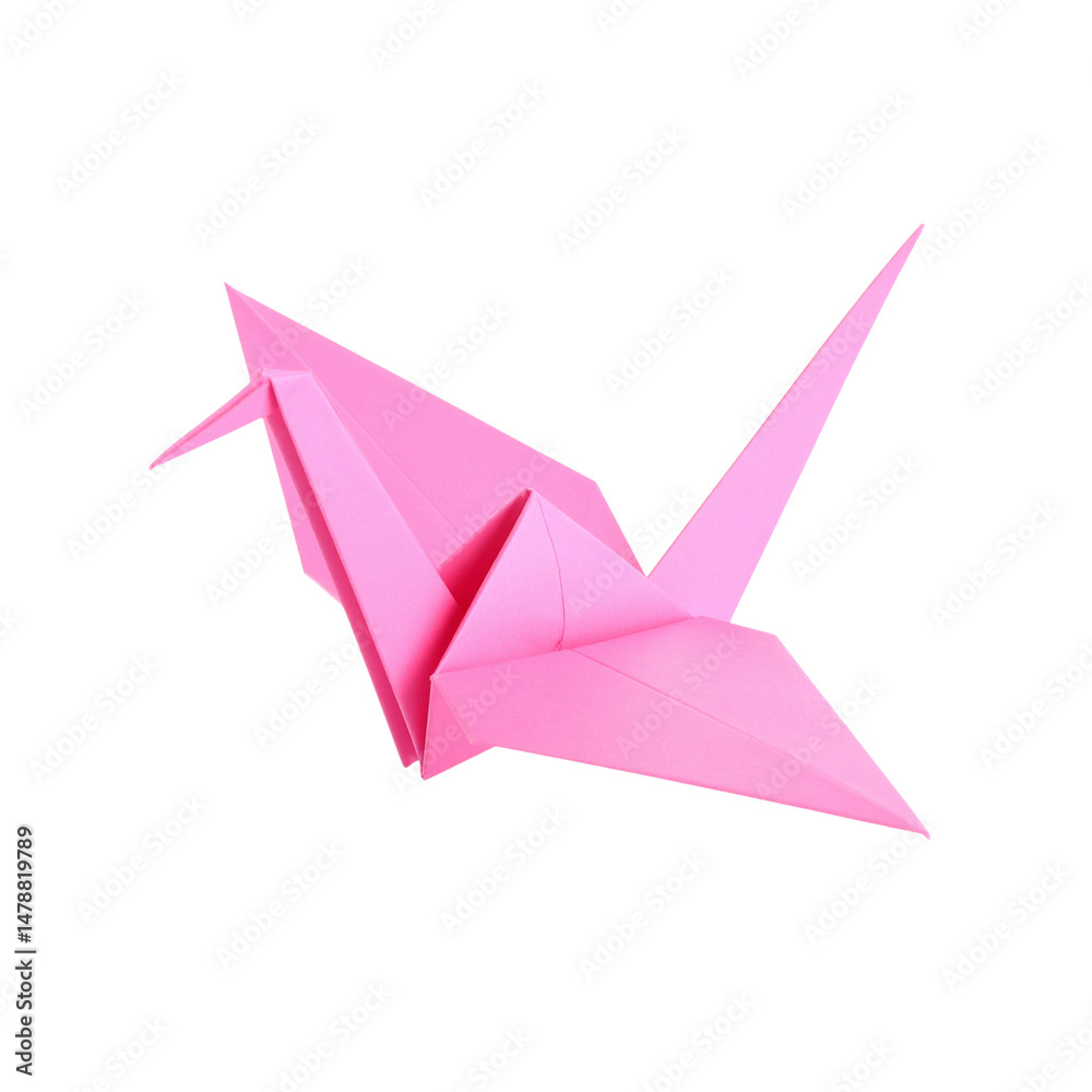 Fototapeta premium beautiful pink origami crane, symbolizing peace and hope, showcases intricate folds and sharp angles, making it stunning piece of art