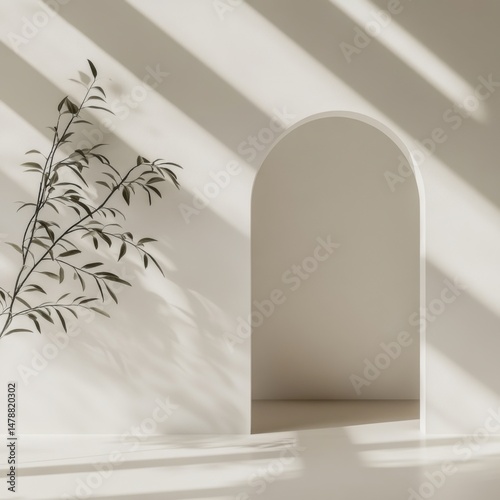 Minimalist Archway Interior with Plant and Sunlight, Neutral Tones, Studio Shot, Clean Aesthetic, Modern Design, Elegant Simplicity