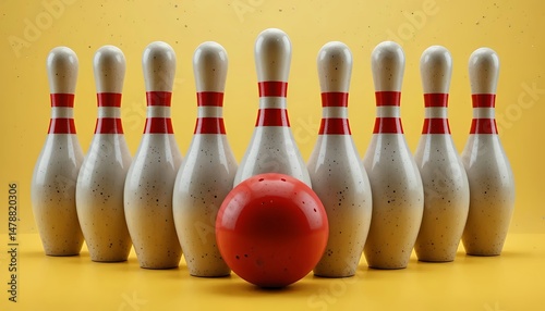 bowling pins arranged in a group, with a red ball in the center, poised for a classic bowling strike setup, isolated on yellow background