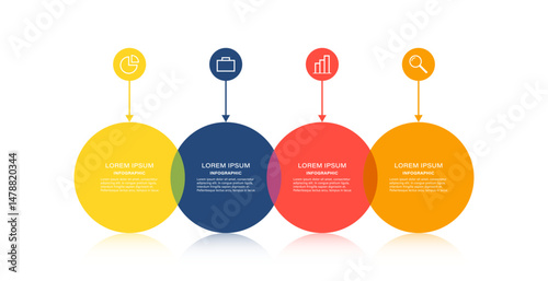 Four overlapping circles infographic with icons and space for data. Four steps or options