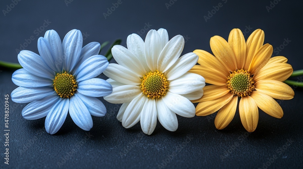 Obraz premium Colorful daisies arranged in a row showcase blue, white, and yellow petals on a dark background