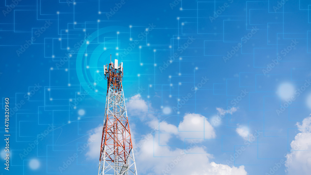 Obraz premium Telecommunication tower with digital network overlay on blue sky background, representing 5G technology, wireless communication, connectivity, and digital transformation for modern infrastructure.