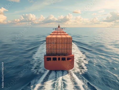 Massive cargo ship transporting containers across a calm ocean under a cloudy sky. photo
