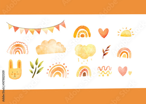 Hand drawn watercolor cute boho clipart for nursery room, baby shower, or birthday card decoration. Hand drawn watercolor boho set, Vector boho rainbows collection. Boho element clip art collection