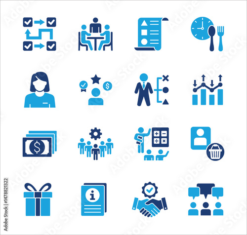 Management business icon set. Contains symbol of strategy, businessman, target, finance, lunchtime, success, hierarchy, data, reward, work, money, employee, shop, meeting, job. Vector illustration