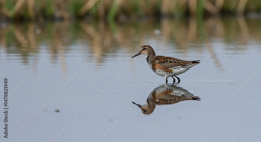 Fototapeta premium Marsh Wader's Perfect Reflection