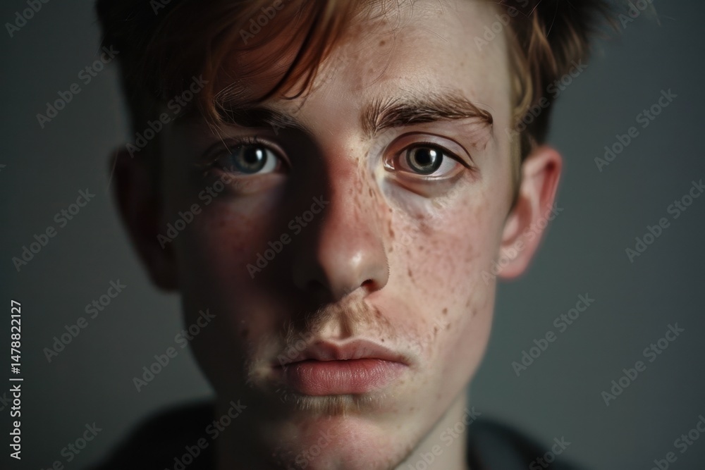 Obraz premium Close-up portrait of a young male with expressive eyes and freckles on his face.