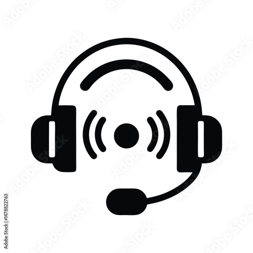 Silhouette icon of headset for virtual assistant AI, support service, call center, helpdesk solution, communication technology vector illustration

