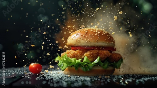Gourmet chicken burger with lettuce, tomato, and flying seasoning particles.