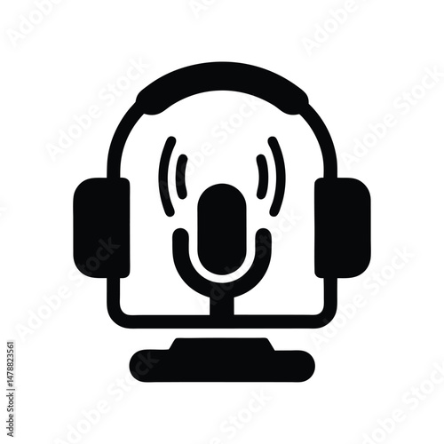 Black silhouette headset icon vector for AI assistant, customer service, call center, telecommunication, virtual support, technical help graphic


