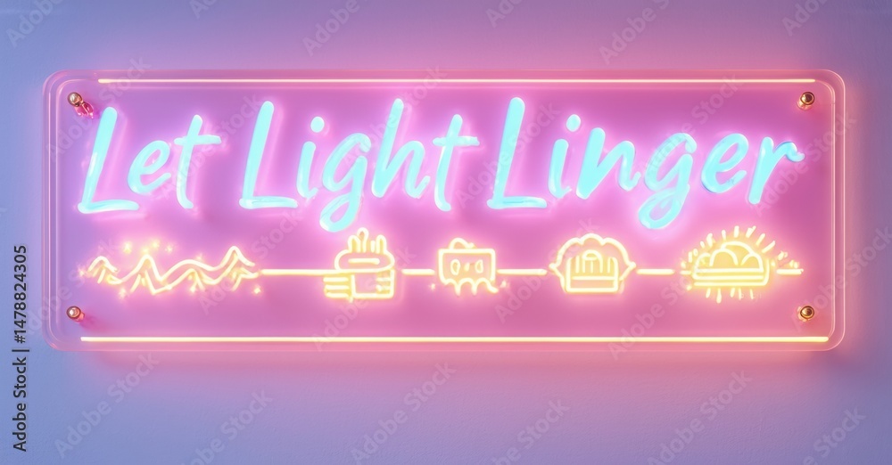 Naklejka premium Pink neon sign displays text, Let Light Linger. Below words are small icons waves, plants, camera, house, sun. Rectangular frame surrounds design.