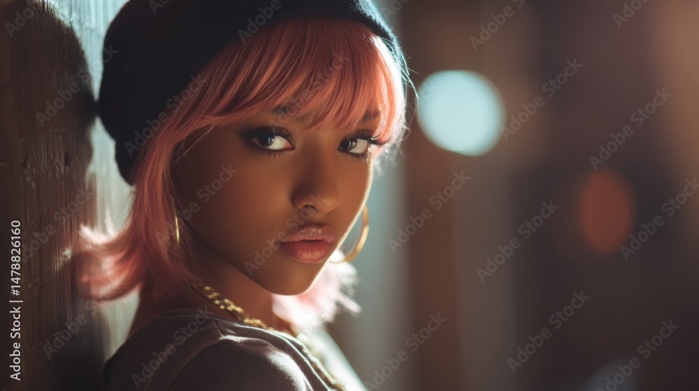 Fototapeta premium Stylish Woman With Pink Hair in Urban Nightlight is a commercial-quality stock image concept ideal for digital marketing, creative design, educational content, and modern visual storytelling.