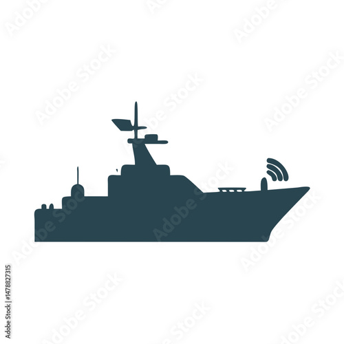 Navy warship icon with radar signal in silhouette style