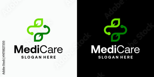 Leaf shape medical cross vector logo design with modern, simple, clean and abstract style. Icon for business, health care, herbal and personal branding.