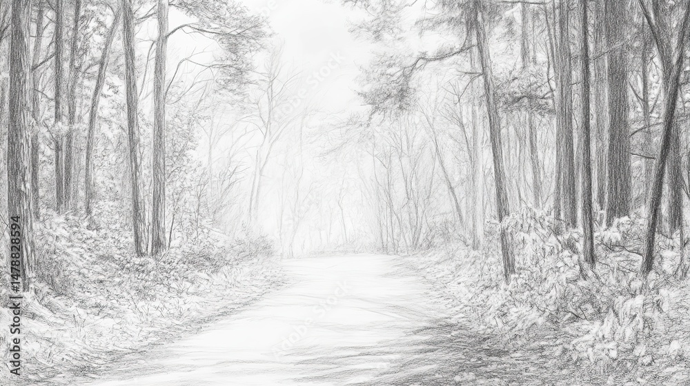 Artistic Pencil Drawing of a Forest Path with Trees on a White Background. Artistic Pencil Drawing of a Forest Path with Trees on a White Background.