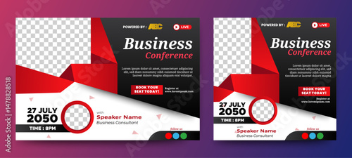Invitation web banner to the online conference. Business webinar invitation design. Announcement poster concept. Modern abstract White background with place for photos	