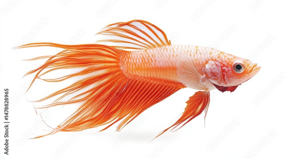 Fototapeta premium Orange Crowntail Betta Fish Swimming Gracefully on a Plain White Background