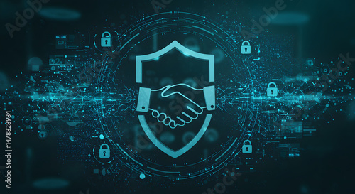 Digital Security: Shield with Handshake and Cyber Protection