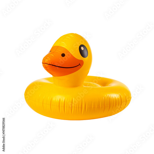 Fototapeta Naklejka Na Ścianę i Meble -  cheerful yellow inflatable duck float, perfect for summer fun pools or beach, adds playful touch to any water activity. Its bright color and friendly design make it favorite for children