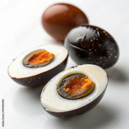 Half of a century egg displaying its unique appearance and bright color in a close-up high contrast photograph