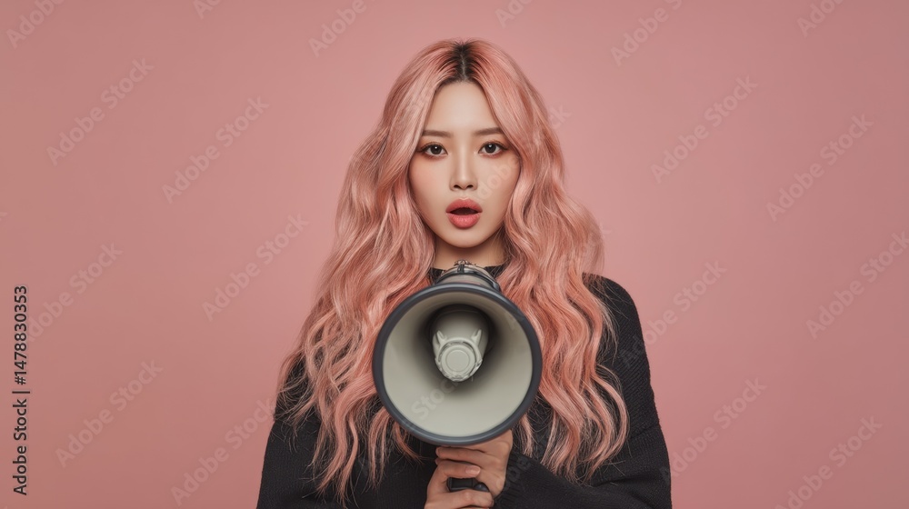 Fototapeta premium Woman With Pink Hair Holding Megaphone is a commercial-quality stock image concept ideal for digital marketing, creative design, educational content, and modern visual storytelling.