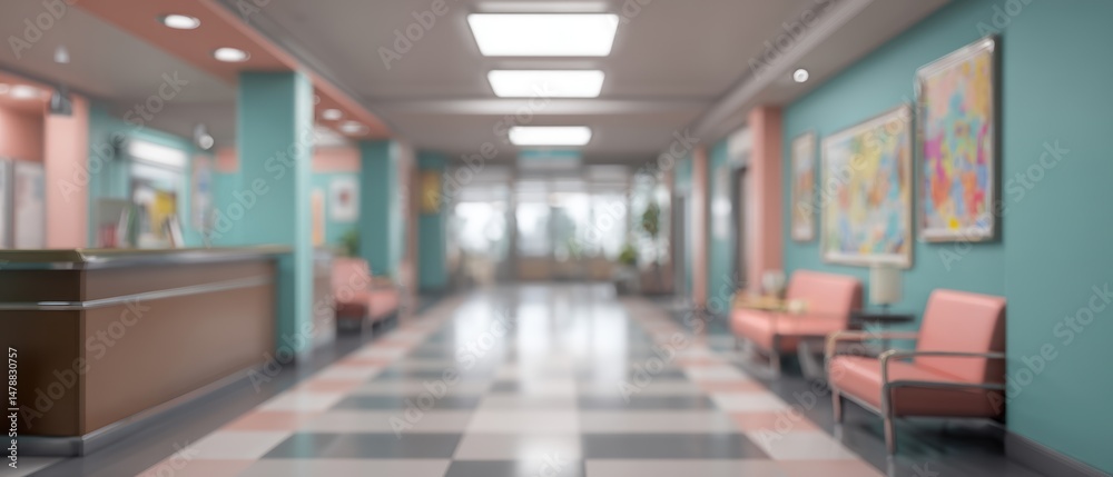 Fototapeta premium Modern hallway interior with pastel walls, artwork, and seating, creating a welcoming atmosphere in a commercial space.