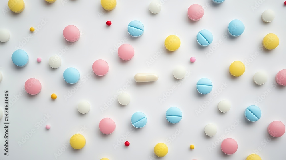 Pastel colored pills and capsules scattered randomly on a white background surface Pastel colored pills and capsules scattered randomly on a white background surface