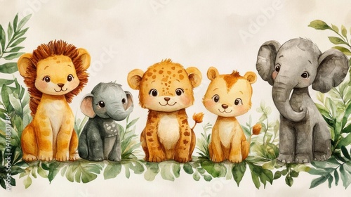 Adorable Jungle Animals Watercolor Illustration