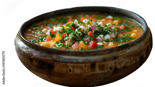 Yemeni saltah stew with fenugreek foam in clay pot, rare visual garnish, no background