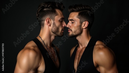 men kissing - two men kissing - two - two muscular men kissing - shirtless man - muscular men - men at the gym - men in tank tops - two hot men kissing.