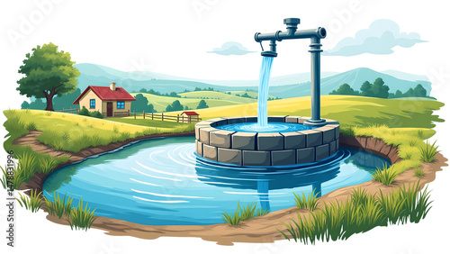 Picturesque scene of sustainable agriculture showcases water well surrounded by lush greenery, emphasizing climate resilience and food security