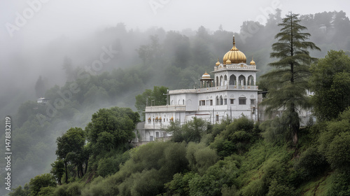 A small Gurdwara in the hills, standing quietly surrounded by trees and morning mist, a clean white building with typical Sikh ornaments and a small golden dome on top, Ai generated images