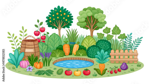 Vibrant garden scene showcases sustainable agriculture with diverse plants and vegetables, promoting climate resilience and food security