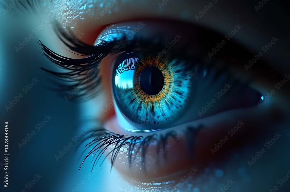 Fototapeta premium Detailed close-up of a human eye with blue and gold iris, long eyelashes, and reflections on the cornea, set against a soft-focus background of a eye with data overlays and digital.generative ai