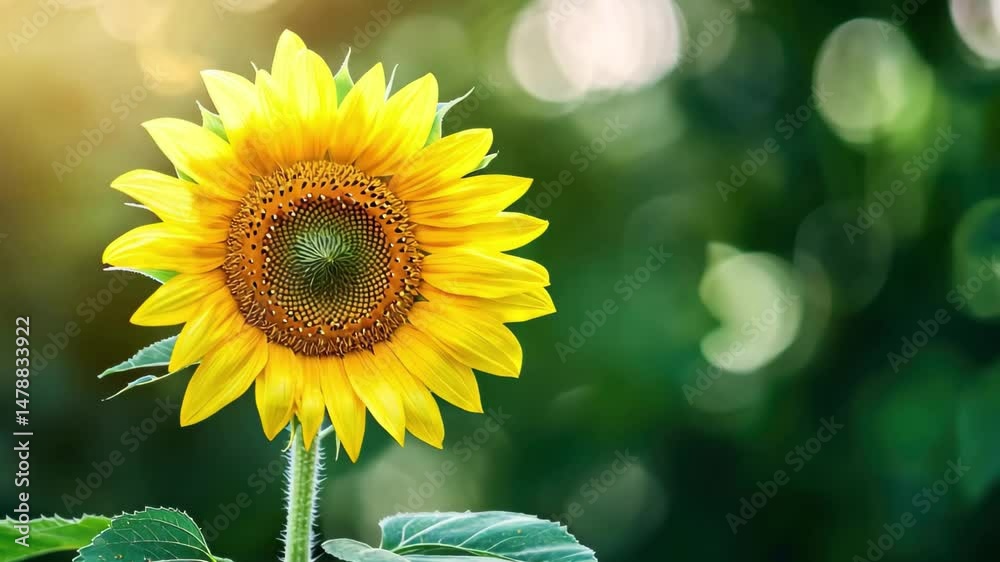 Bright sunflower showcases vibrant yellow petals against a soft green background during a sunny day in nature, Bright sunflower in focus against green, blurred background