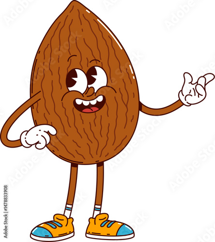 Cartoon groovy hazelnut nut character in retro sneakers joyfully smiling showcasing funky and upbeat y2k vibe. Isolated vector playful and healthy y2k food personage spread happiness and hippie energy