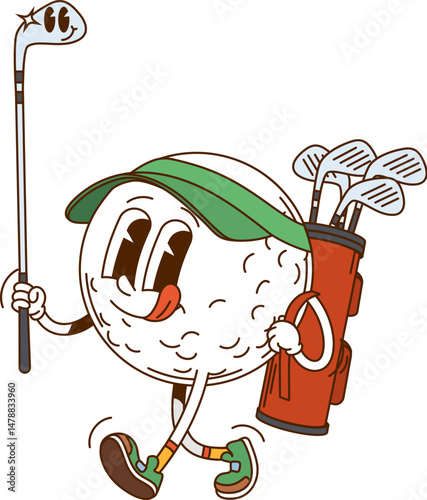Groovy golf ball sport character with friendly expression, wearing sneakers and a cap carrying golf clubs. Cartoon vector cheerful personage exudes positive, playful and sporty vibe on the game field