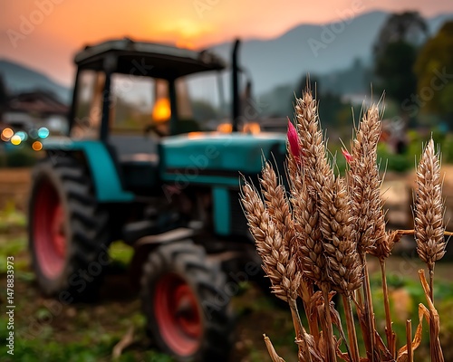Tractor in Rural Field at Sunset