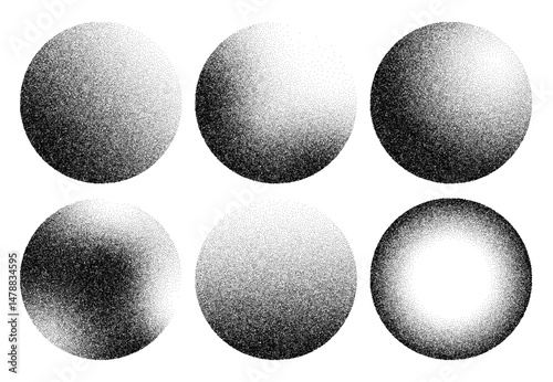 Grain noise gradient spheres with stipple dot pattern or circle shapes with spray dust effect, abstract vector. Grain noise spheres and round shapes with dotwork or sand particles in spray gradient