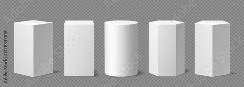 White column podiums and pedestals, stands or geometric pillar. Realistic vector podium stands and columns of square, cube, round cylinder and polygonal shape for product display stands or pedestals