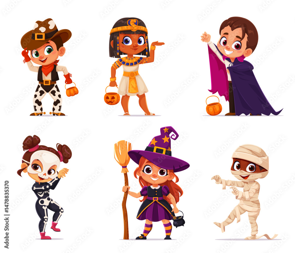 Naklejka premium Kids Halloween party. Cartoon children with pumpkin buckets in spooky costumes of cowboy, Egyptian princess, vampire, skeleton, witch and mummy. Vector boys and girls trick or treat celebration fun