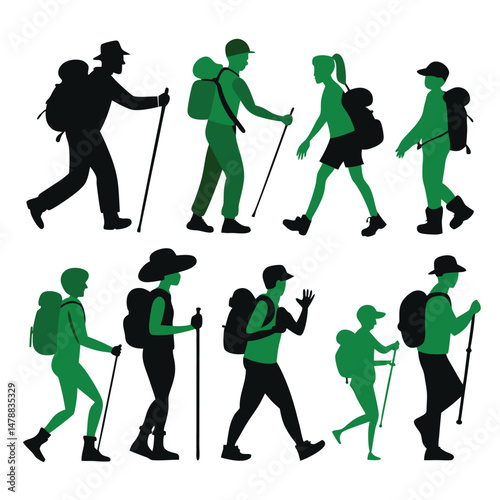 Set of Hiking Poses in Clean Vector Art