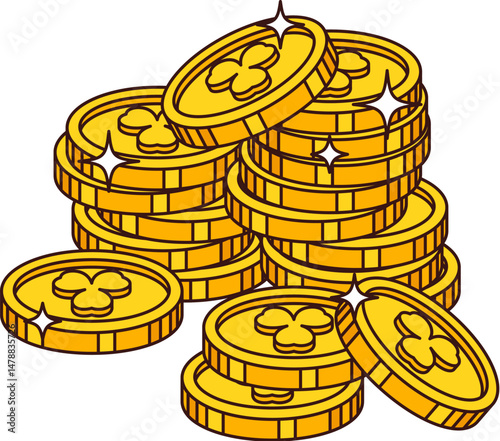 Cartoon st Patrick day golden coins pile. Irish leprechaun gold coins stack with trefoil shamrocks. Isolated vector treasure with clover leaves, mountain of yellow money, symbol of luck and wealth