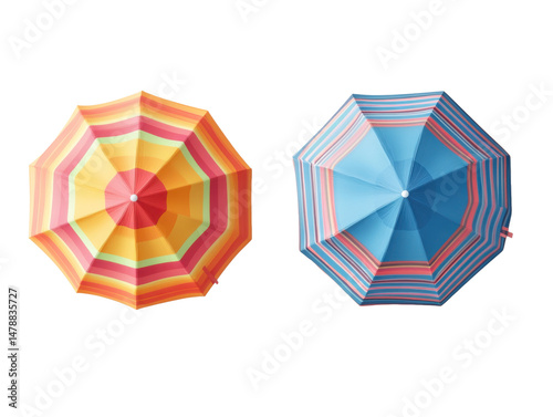Top view of vibrant striped beach umbrellas isolated.