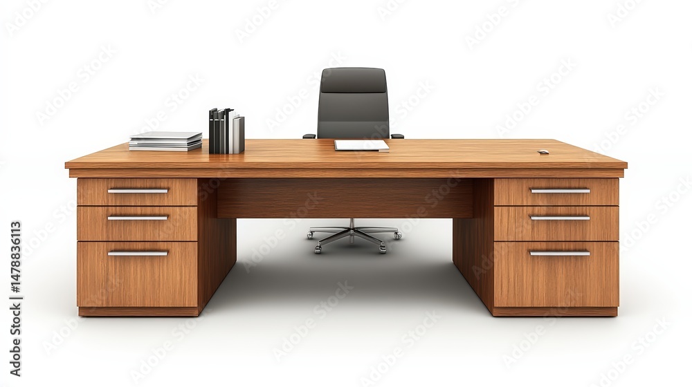 Professional wooden office desk with a comfortable chair on white background Professional wooden office desk with a comfortable chair on white background